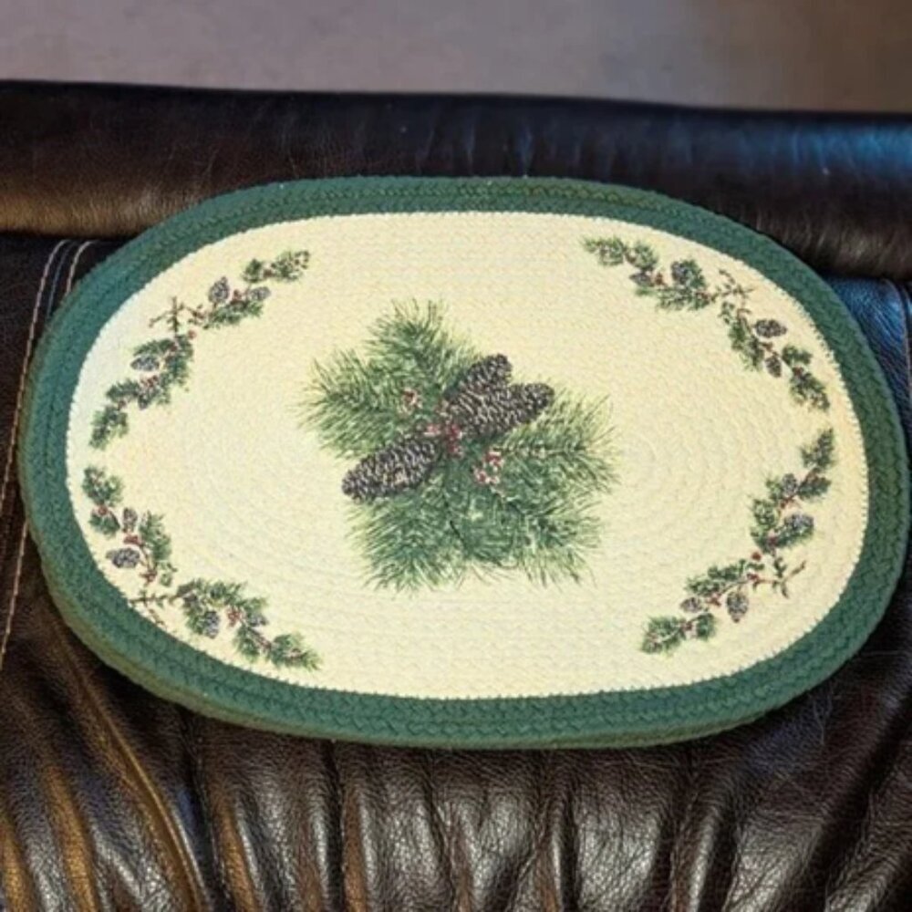 *3 FOR $9* Vintage Braided 13x19 Woven Oval Pinecone Pine Country Thick Placemat